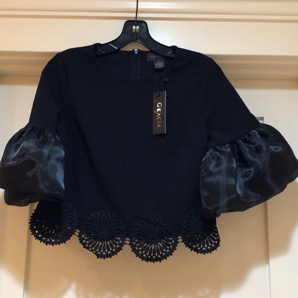 Garcia puff sleeve lace accent crop black top - Picture 5 of 8